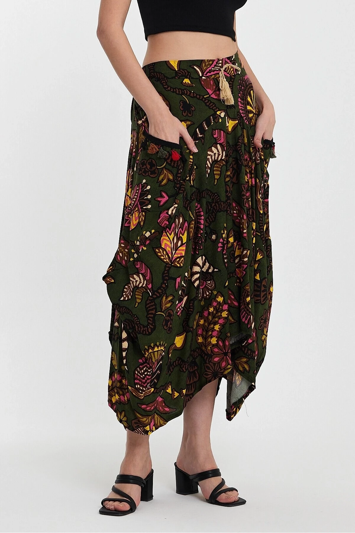 Yeşil Otantik Desen Cepli Şalvar Model Etek