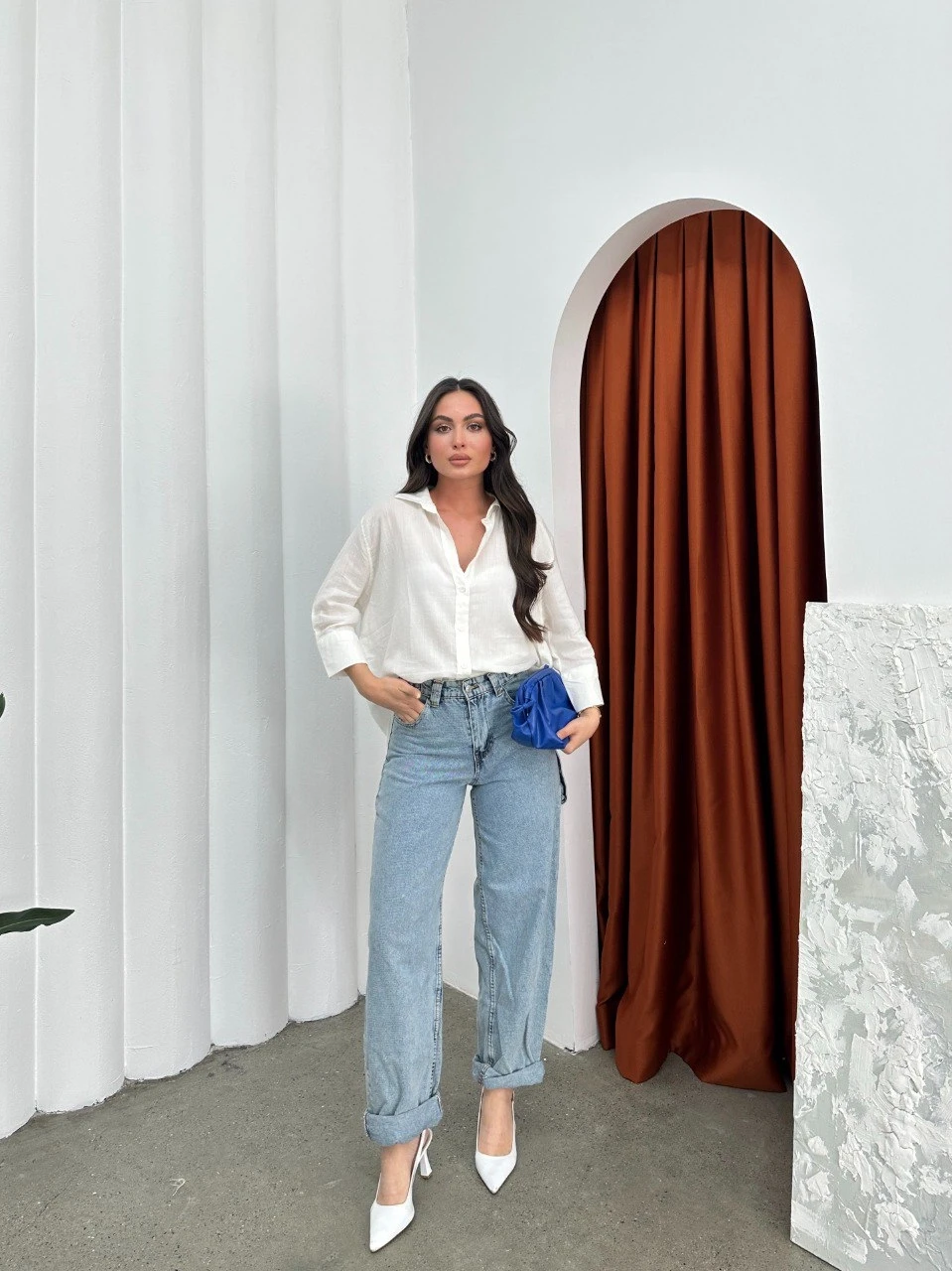 Yıkamalı Pamuk Keten Gömlek Beyaz