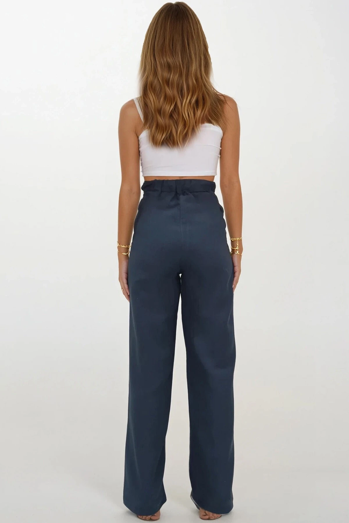 Yırtmaç Detaylı Çift Cepli Beli Lastikli Müslin Palazzo Pantolon Antrasit