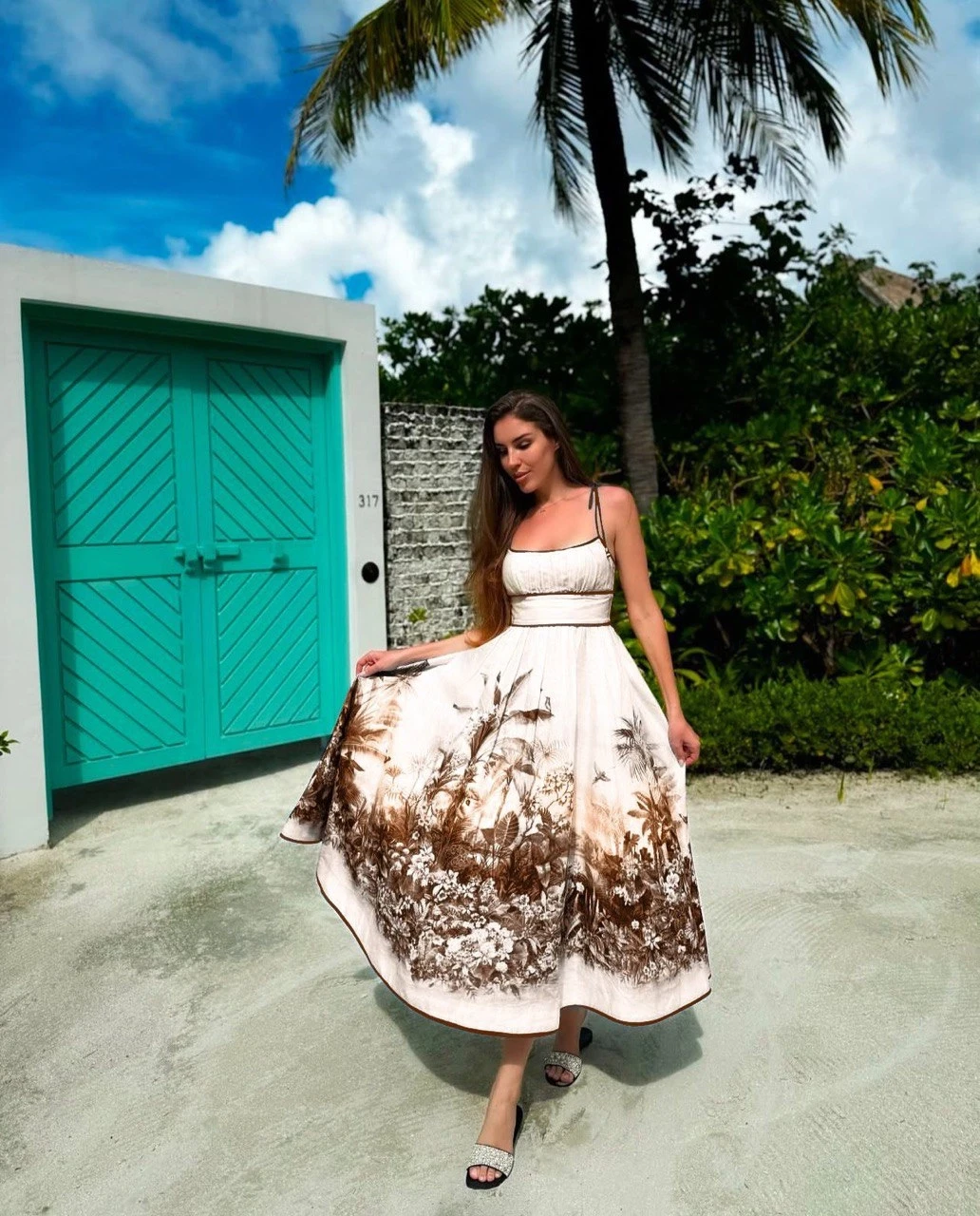 Zimmerman Desenli Keten Elbise Kahve