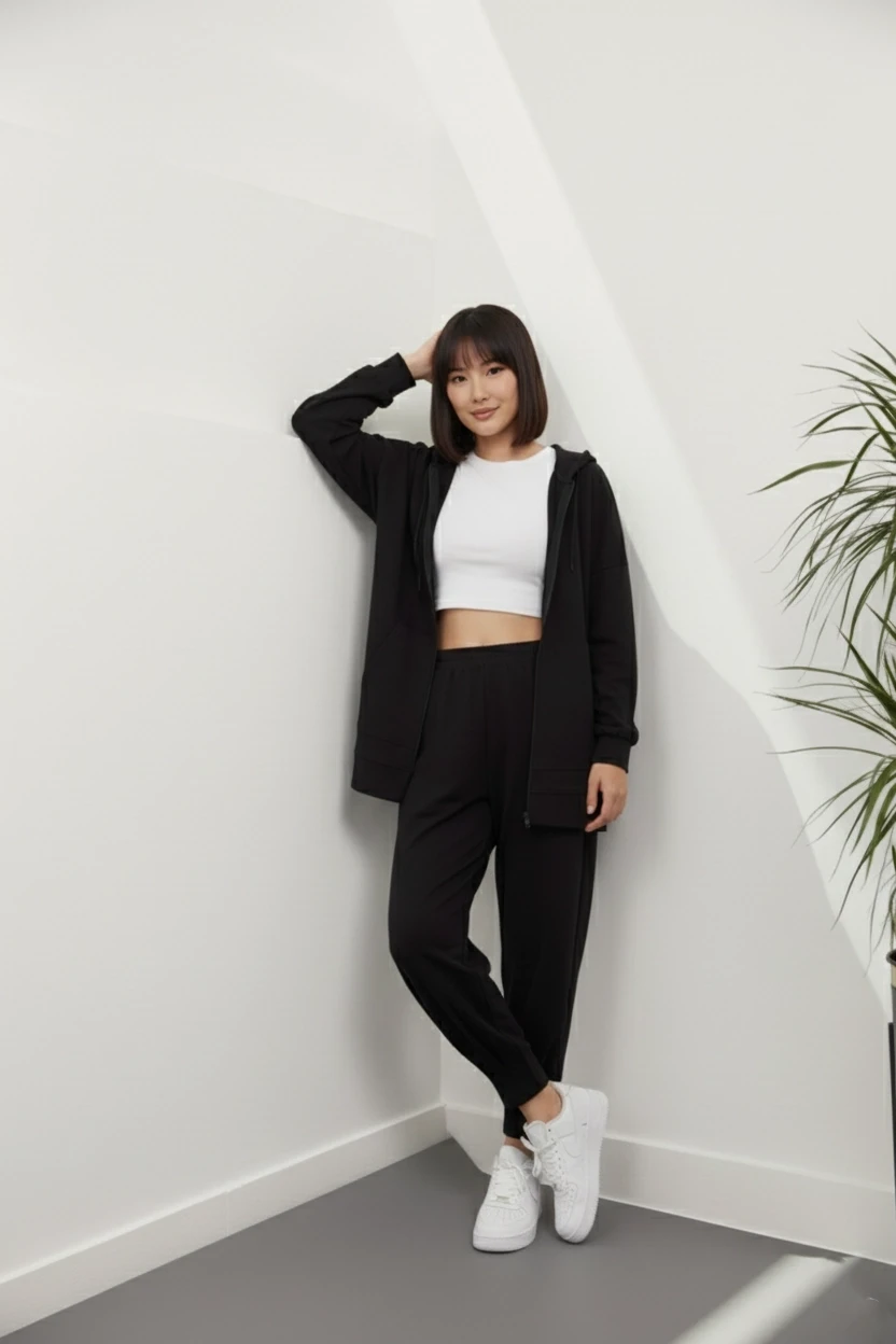 Siyah Manşeti Lastikli Sweat İkili Takım