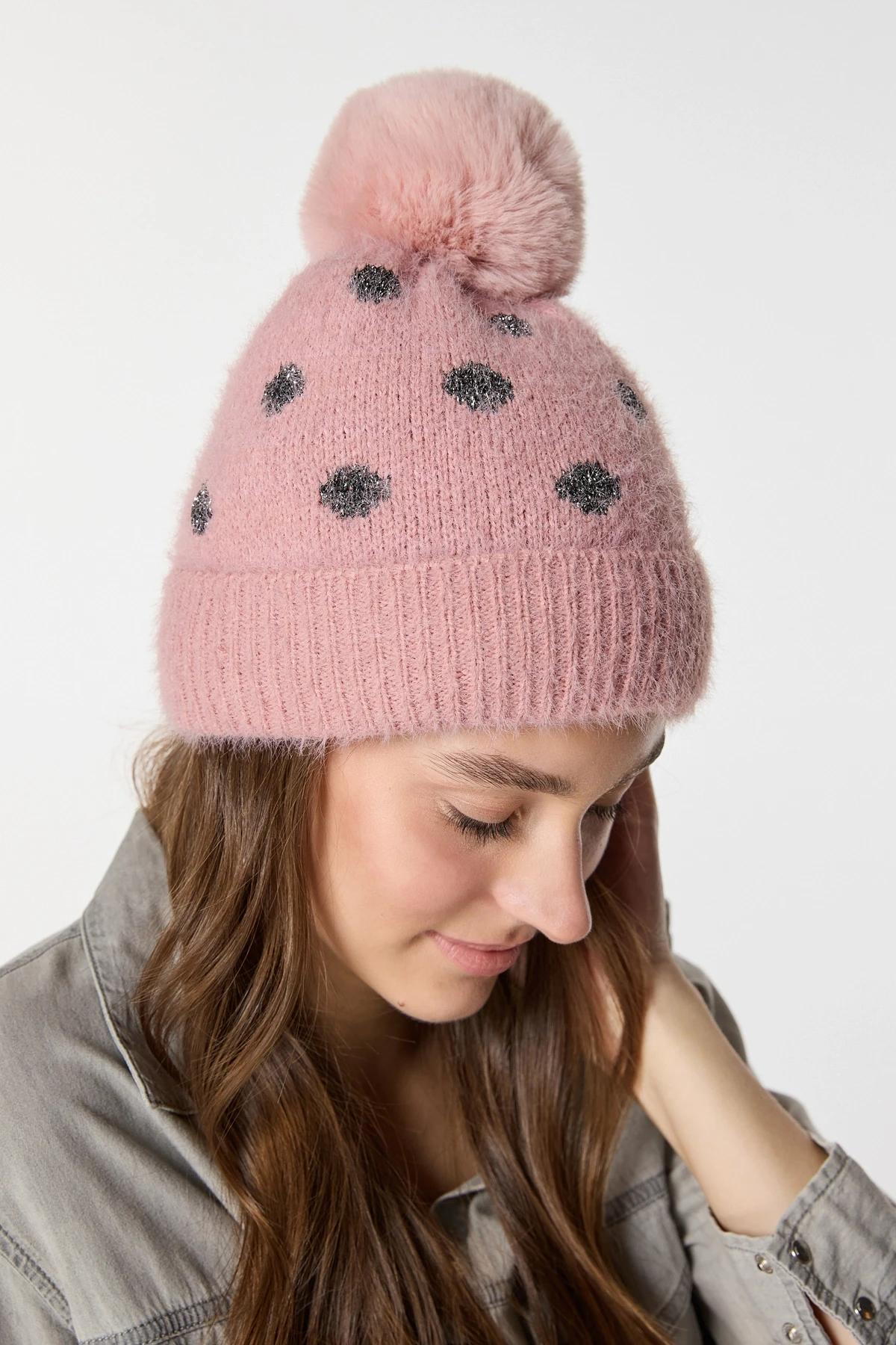 14441 İçi Polarlı Pembe Triko Örgülü Bere