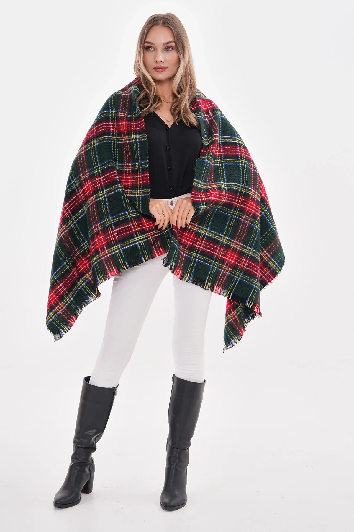 15303 Ekose Desenli Yeşil Püsküllü Puf Kalın Şal