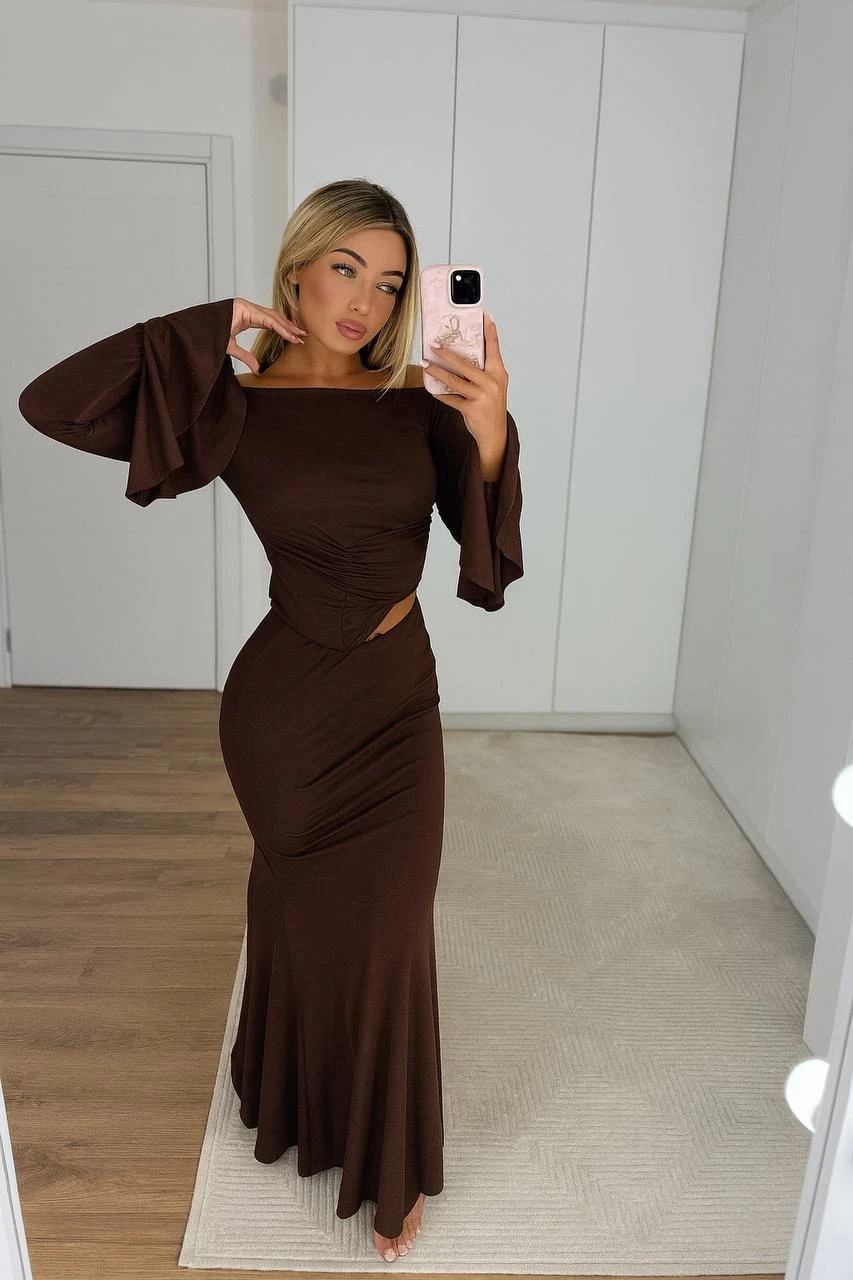 Asimetrik Kol Detay Bluz ve Etek Takım