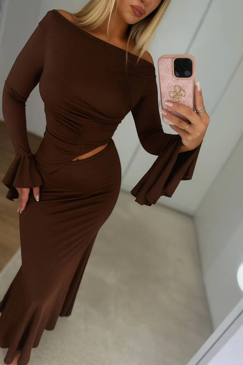 Asimetrik Kol Detay Bluz ve Etek Takım