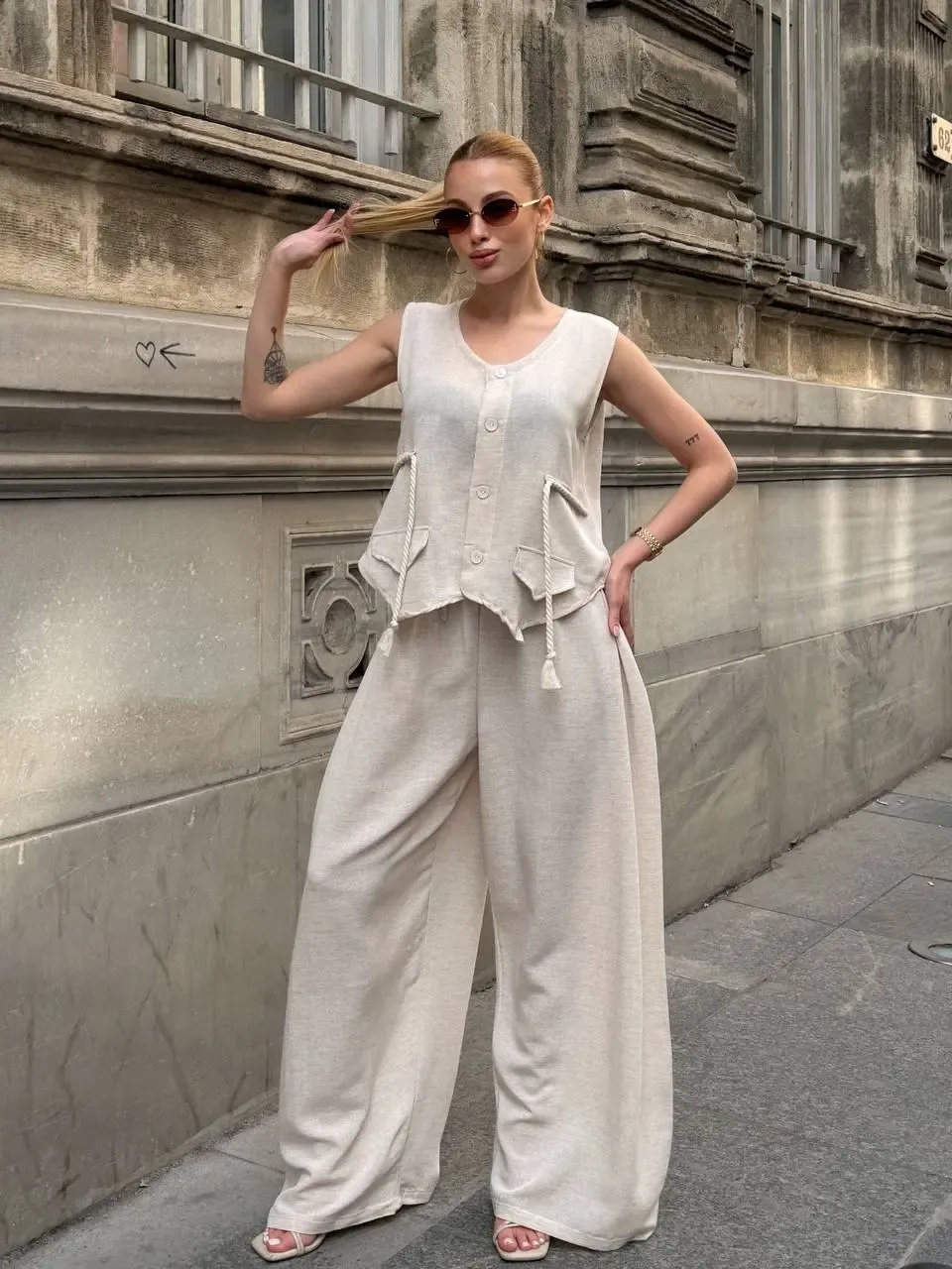 Askılı Yanları Halat Detaylı Gömlek Pantalon Keten Takım