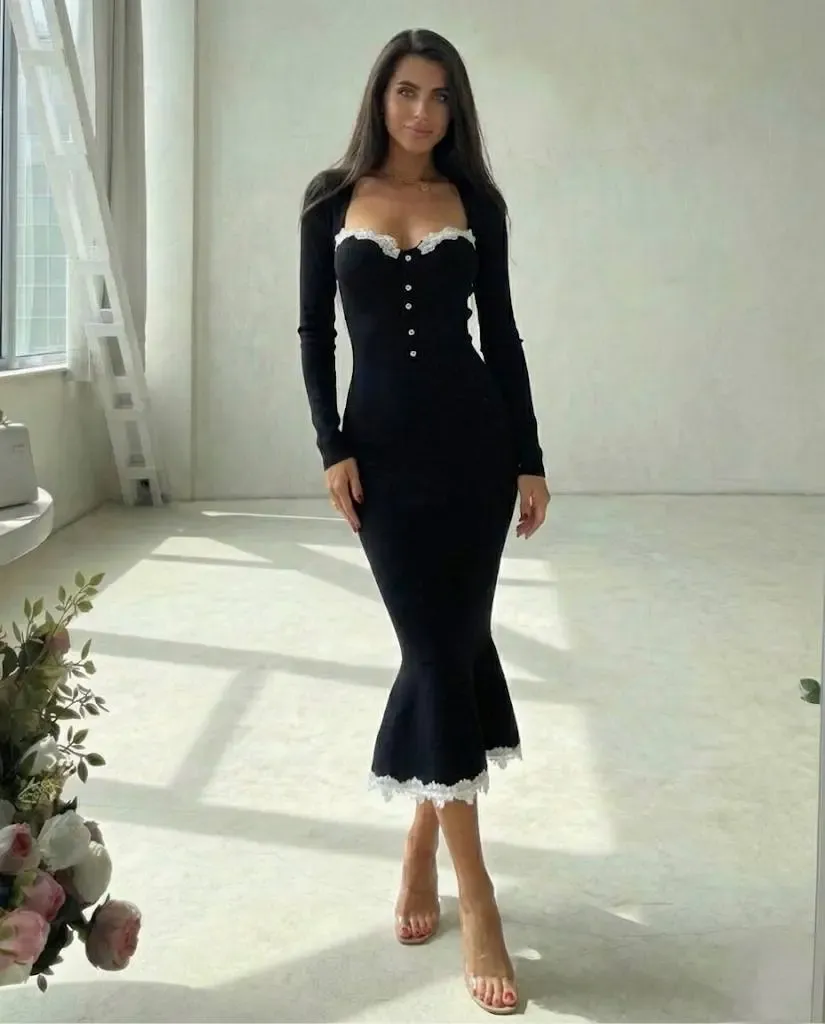 Atlas Kumaş Güpür Dantel Detay Midi Boy Elbise Siyah