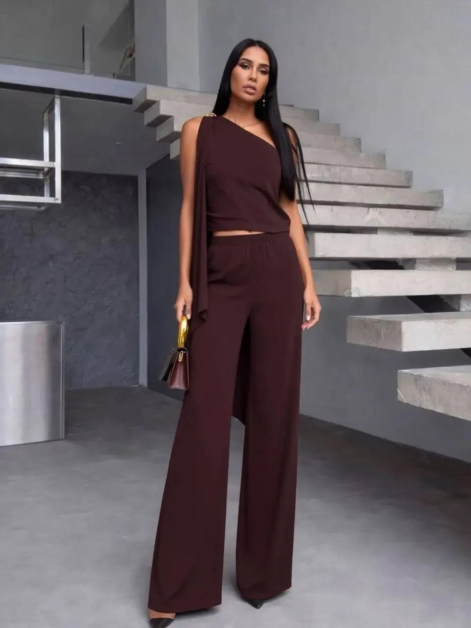 Bağlama Detay Tek Omuz Modal Alt Üst Takım Kahve