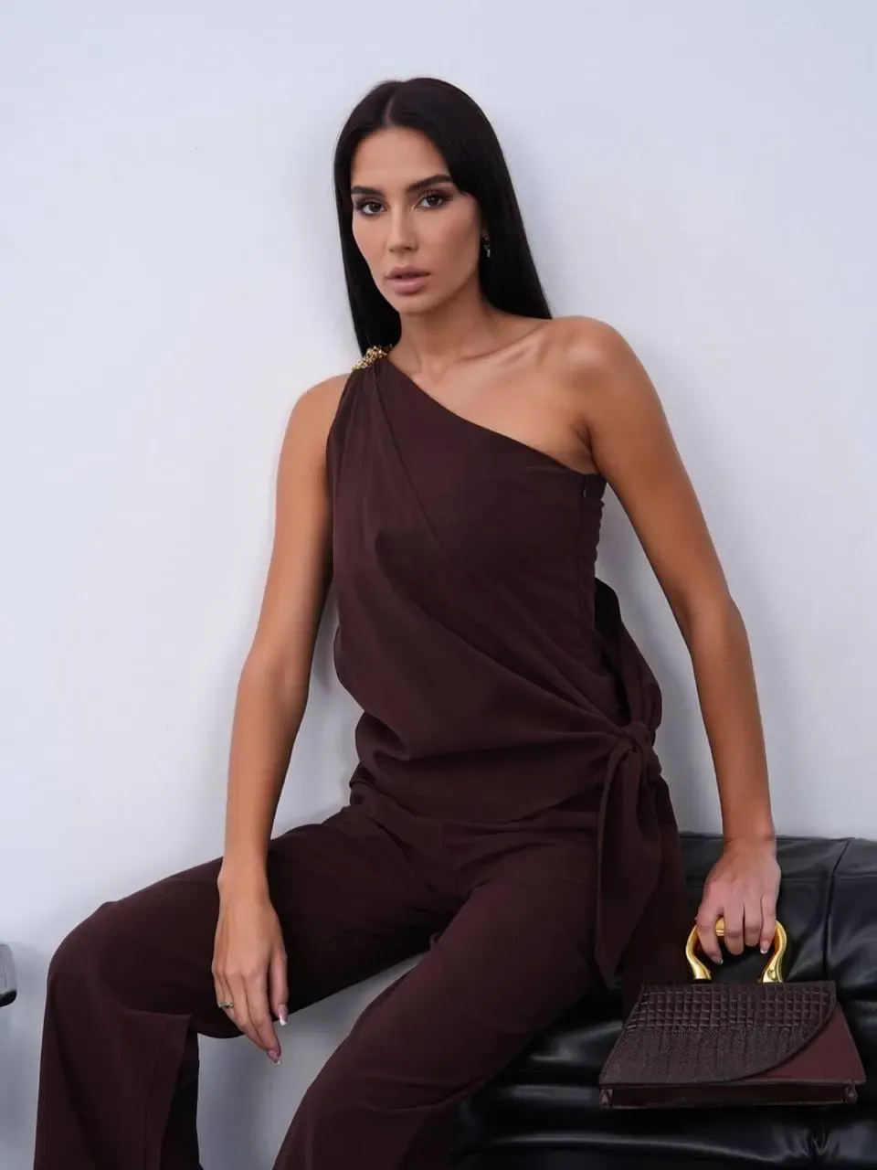 Bağlama Detay Tek Omuz Modal Alt Üst Takım Kahve