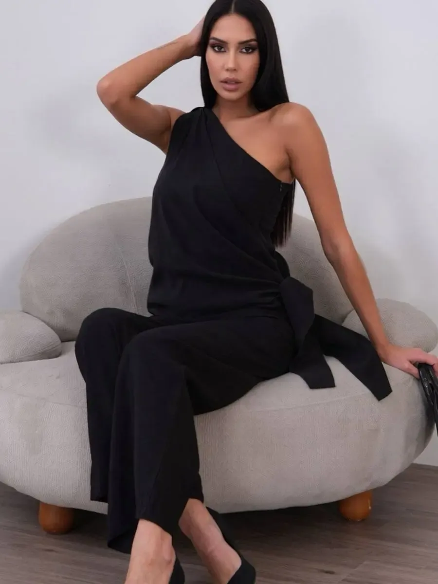 Bağlama Detay Tek Omuz Modal Alt Üst Takım Siyah