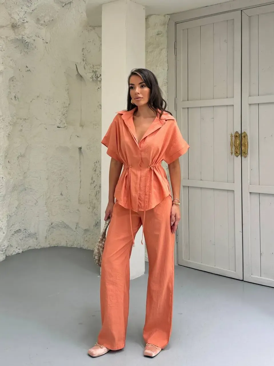 Bel Büzgü Detaylı Kısa Kol Üst ve Pantalon Takım Turuncu