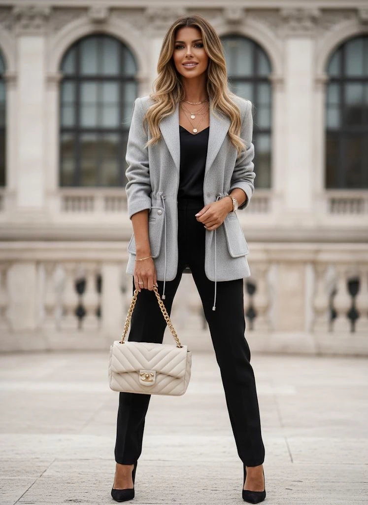 Bel Lastik Detay Kaşe Ceket Gri