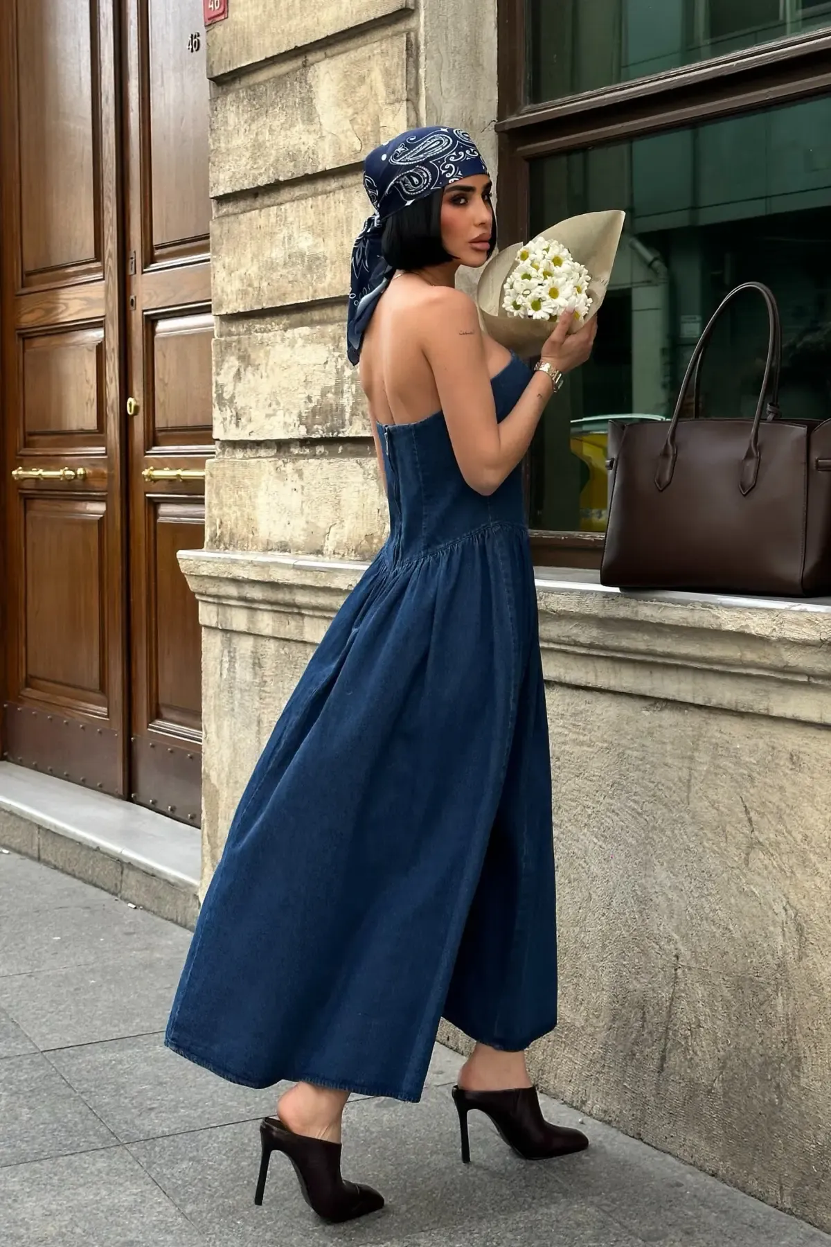 Beli Pileli Straplez Denim Elbise