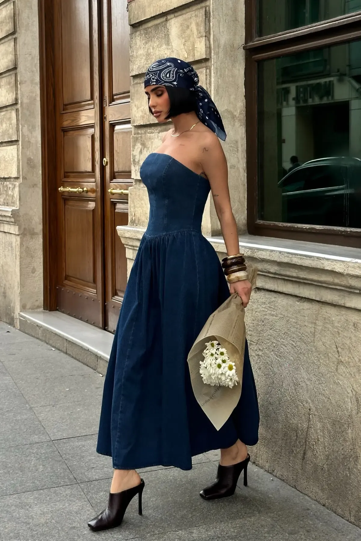 Beli Pileli Straplez Denim Elbise