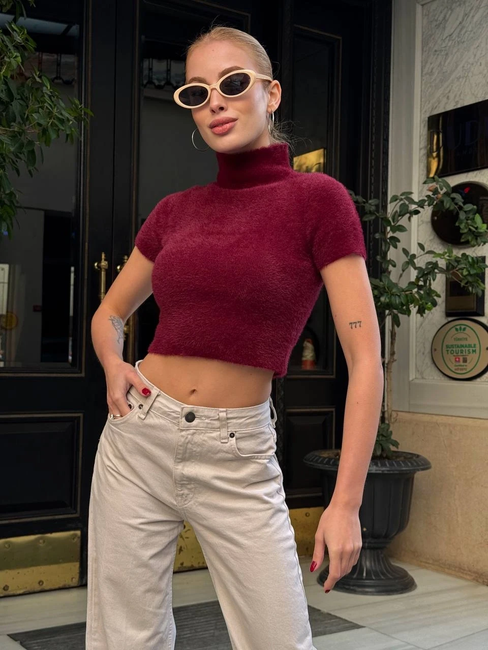 Bordo Sakallı Kumaş Crop Bluz