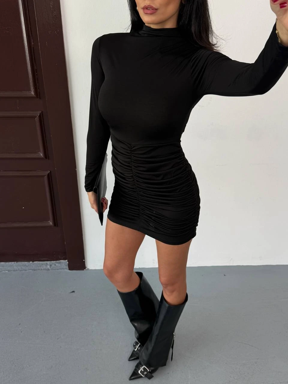 Büzgü Detay Sandy Kumaş Mini Elbise