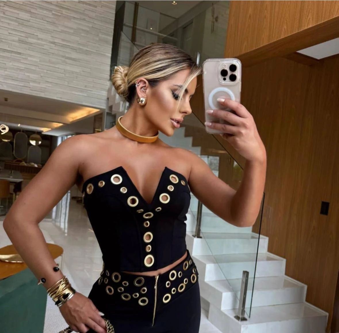 Dalgıç Kumaş Kuşgözü Detat Straplez Pantalon Takım