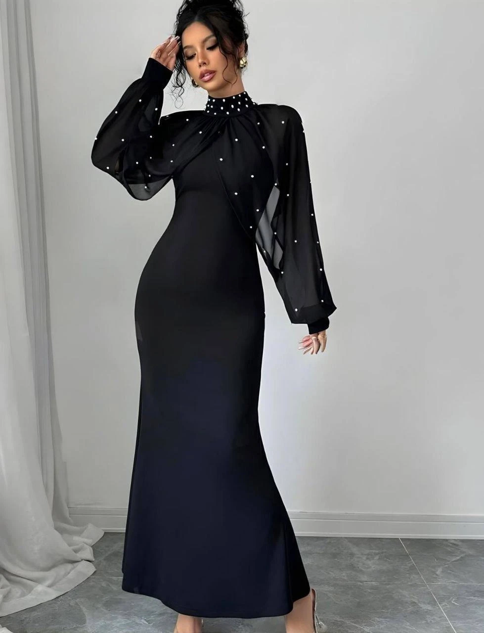 Dalgıç Kumaş Likralı İnci Çakımlı Bolerolu Elbise