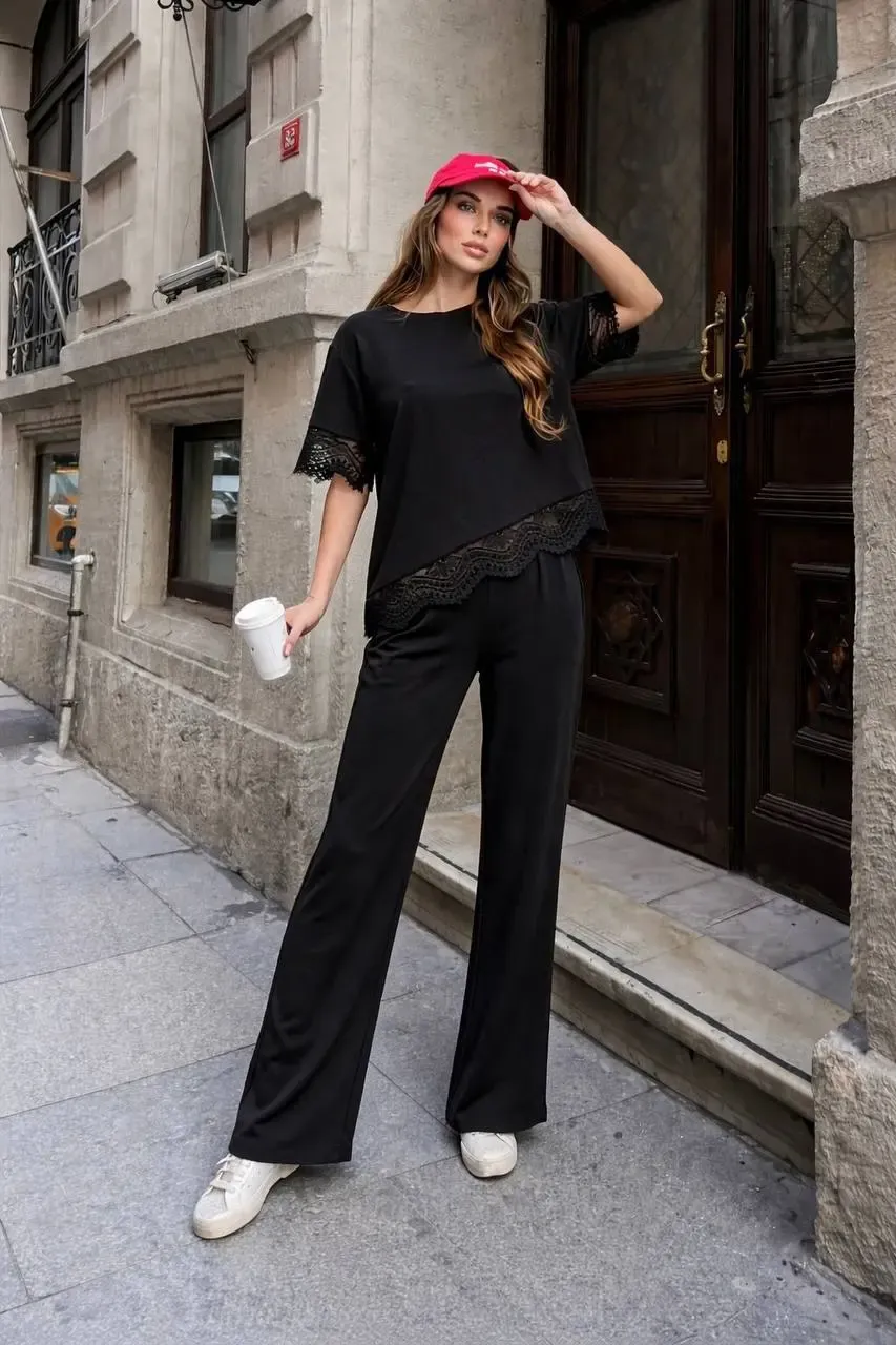 Dantel Detay Modal Kumaş Alt Üst Takım Siyah