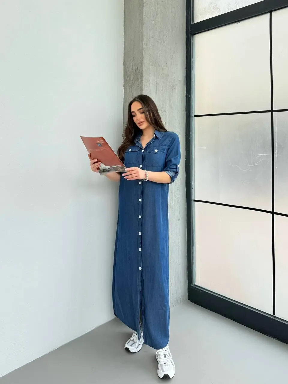 Denim Maxi Gömlek Elbise Mavi