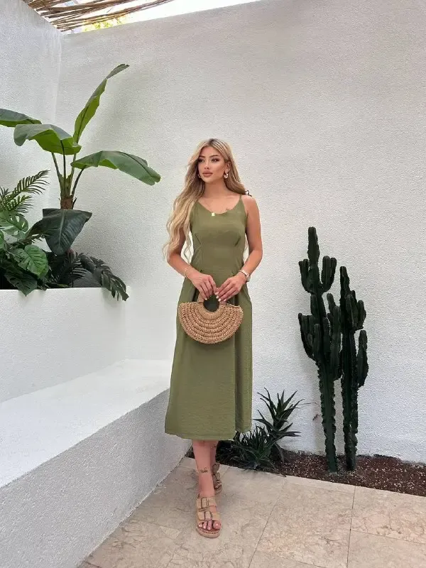 Drape Detay Omuz Bağlamalı Midiboy Keten Elbise Haki