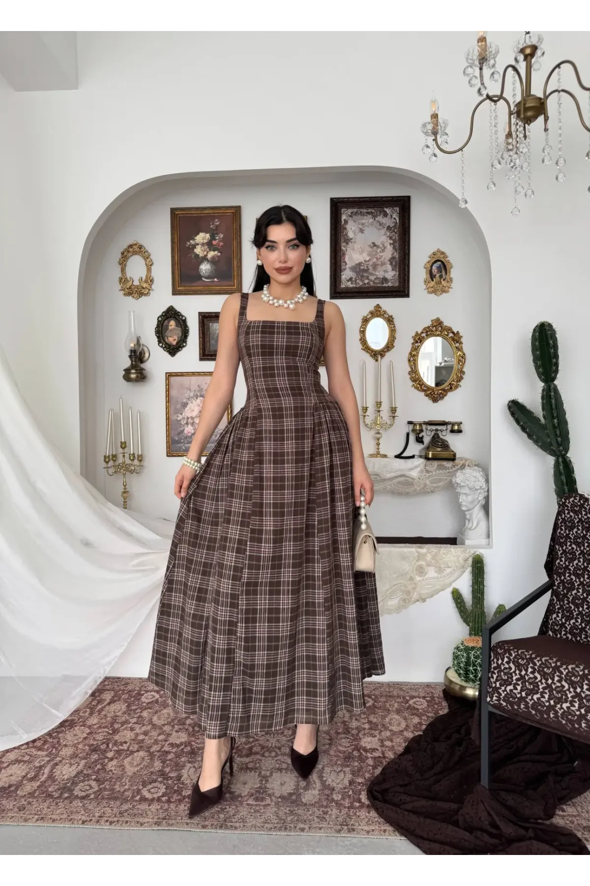 Ekose Desen Askılı Midiboy Elbise