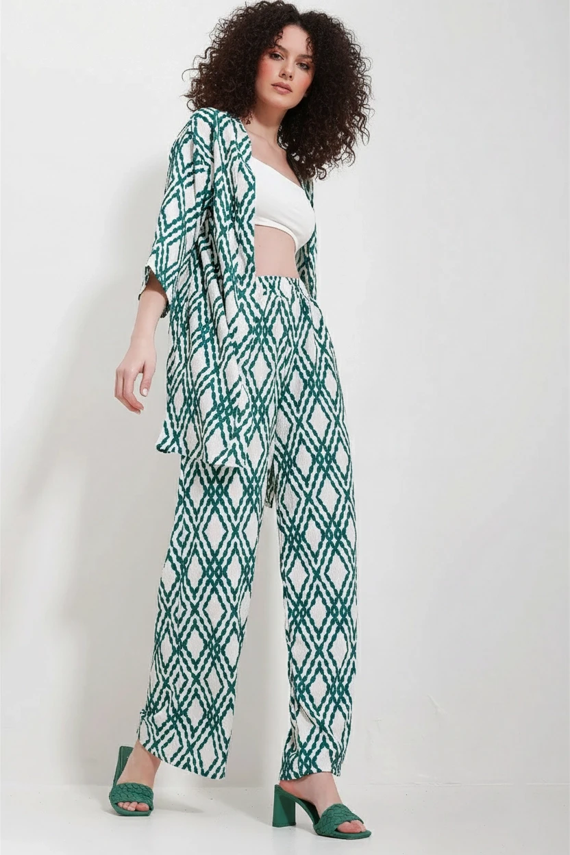 Etnik Desen Kimono Pantalon Takım