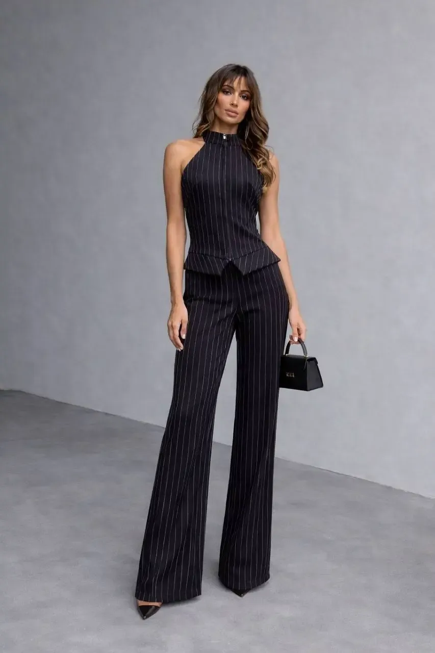 Fermuar Detay Çizgili Takım Siyah
