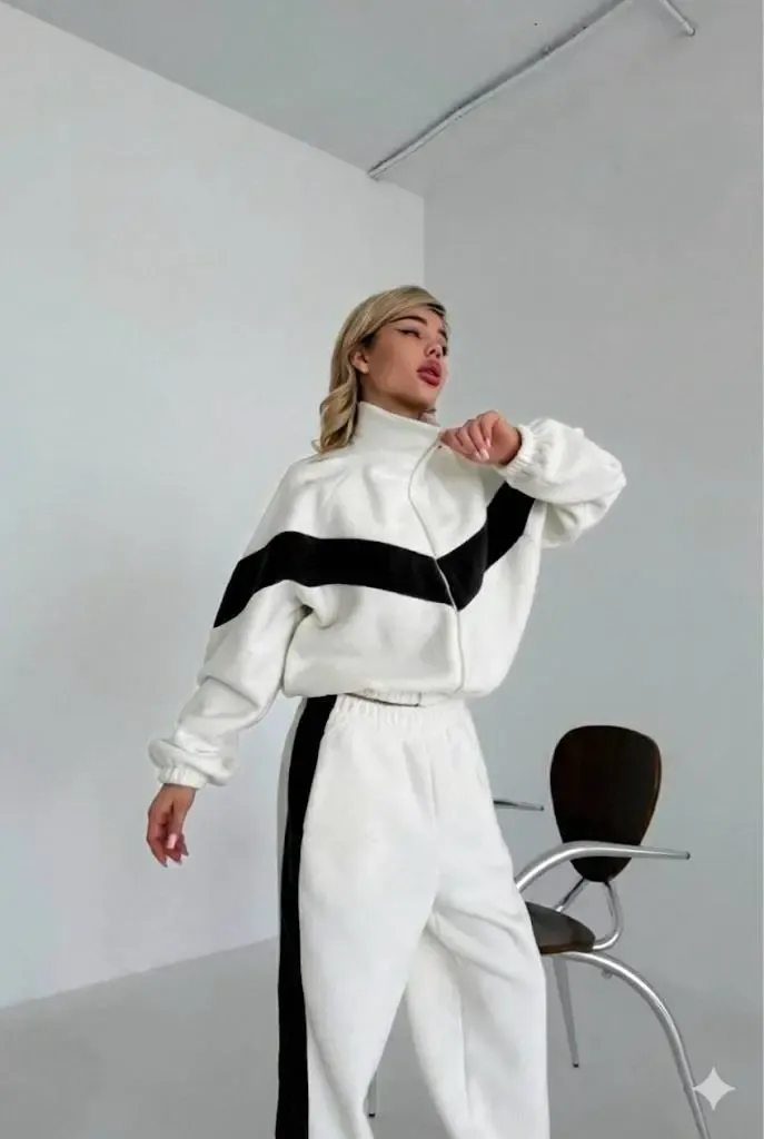 Fransız Kadife Kemik Fermuar Garnili Eşofman Takım Beyaz