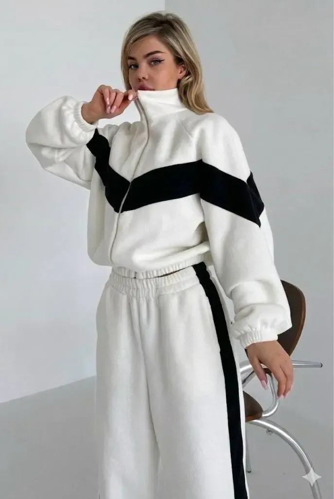Fransız Kadife Kemik Fermuar Garnili Eşofman Takım Beyaz