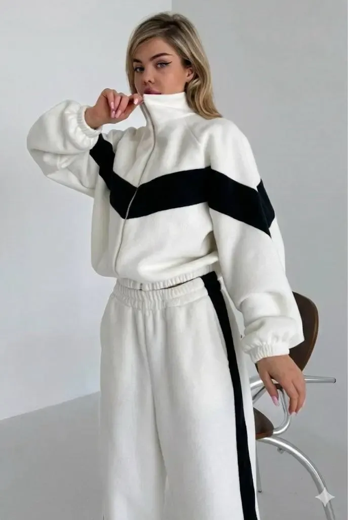 Fransız Kadife Kemik Fermuar Garnili Eşofman Takım Beyaz