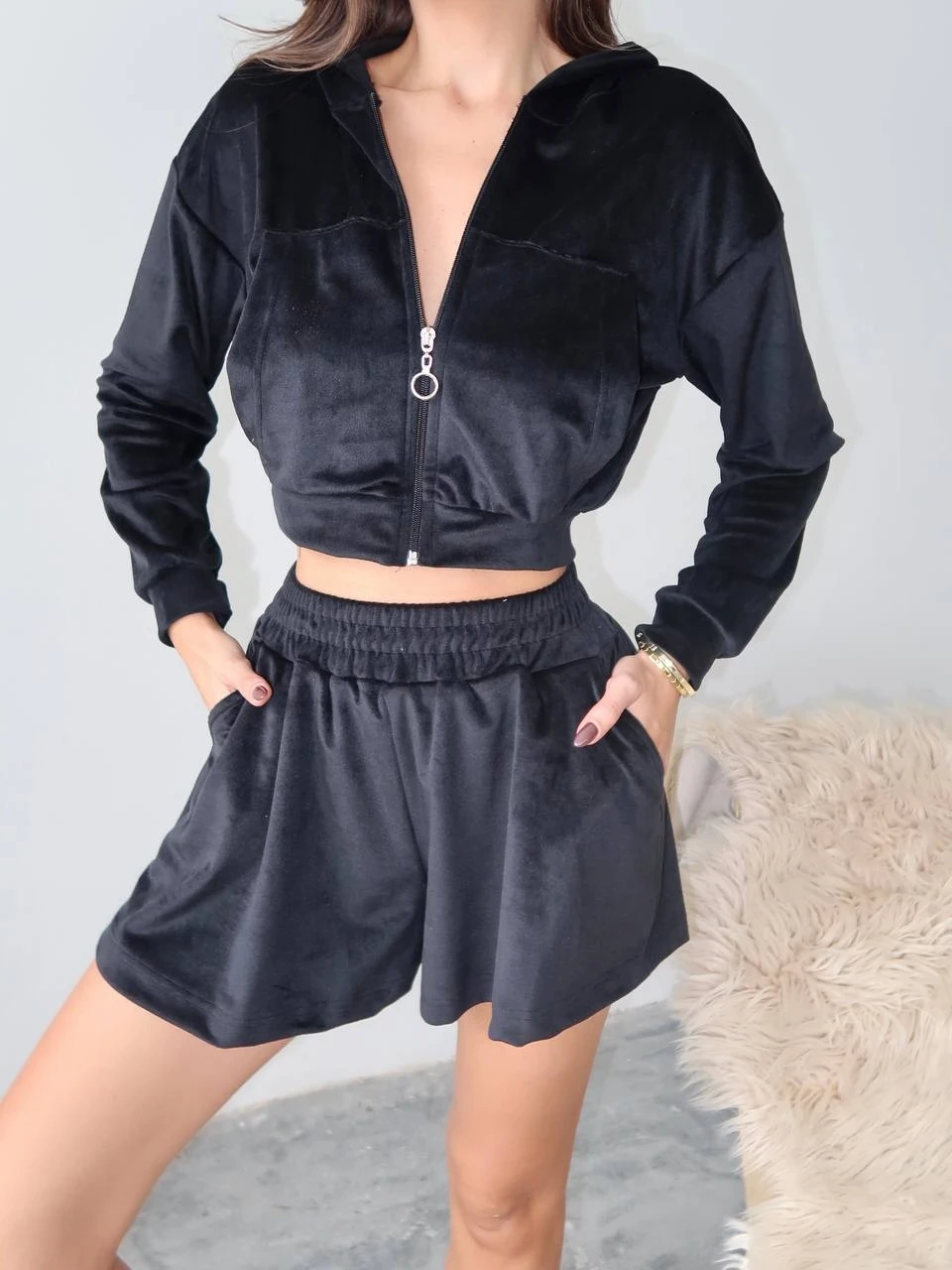 Fransız Kadife Şortlu Takım Siyah