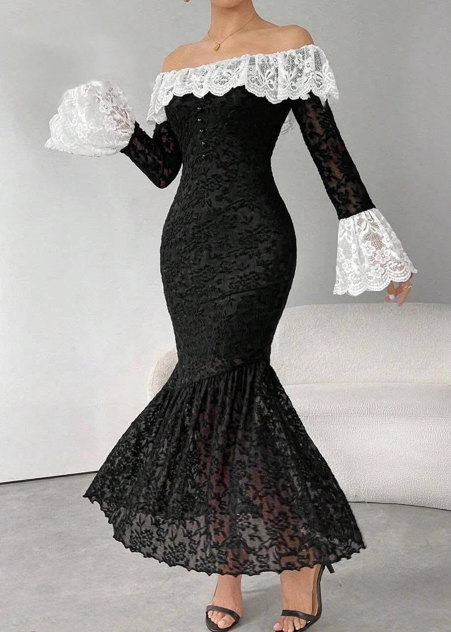 Full Astarlı Güpür Dantel Drapeli Elbise