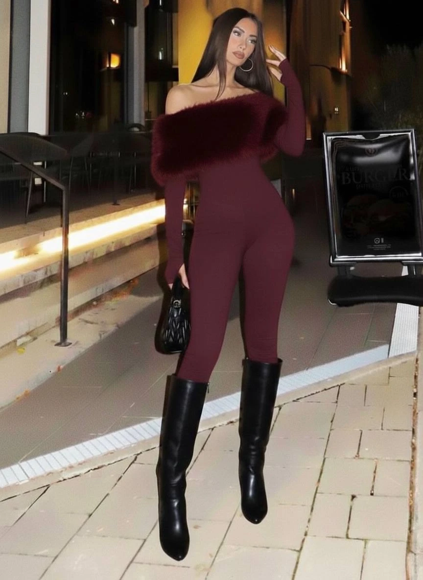 Full Likralı Modal Kumaş Kürk Detaylı Maxi Boy Tulum