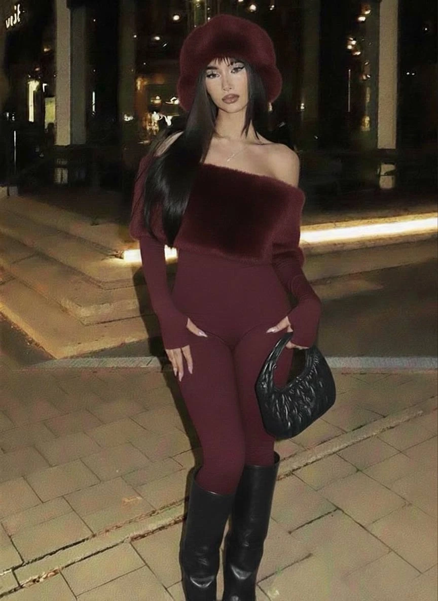 Full Likralı Modal Kumaş Kürk Detaylı Maxi Boy Tulum