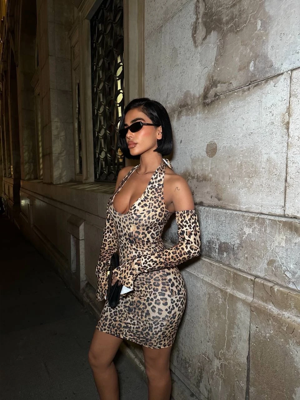 Full Taş Halter Yaka Mini Elbise