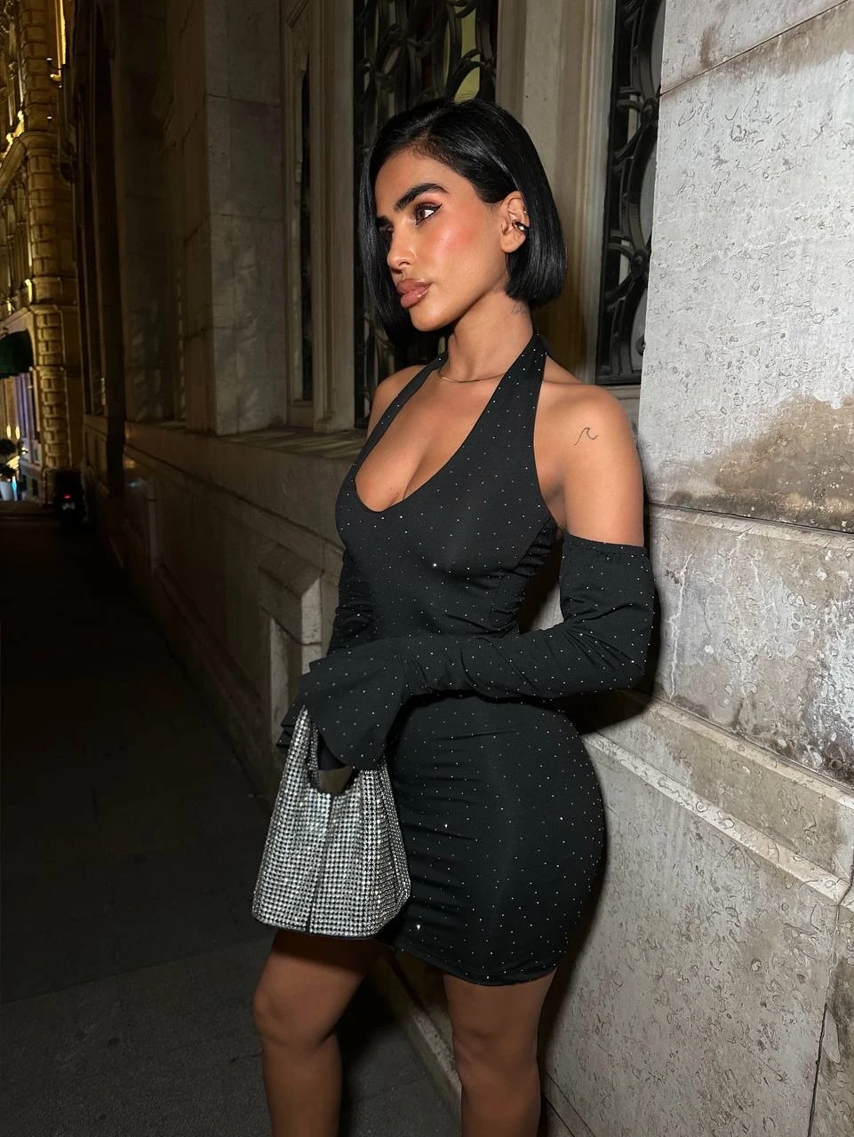 Full Taş Halter Yaka Mini Elbise