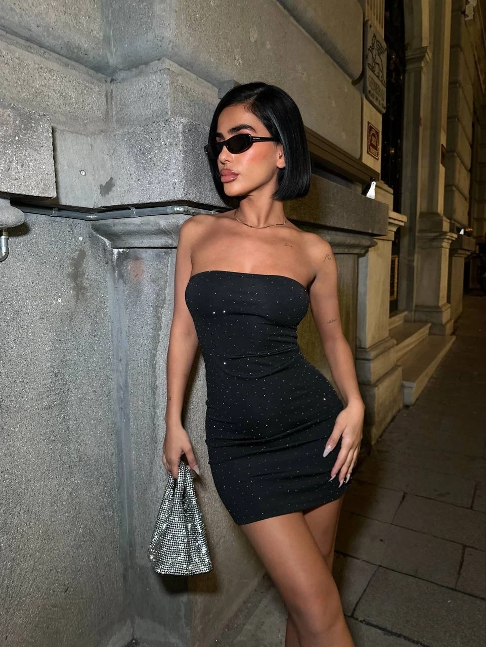 Full Taş Straplez Mini Elbise Siyah