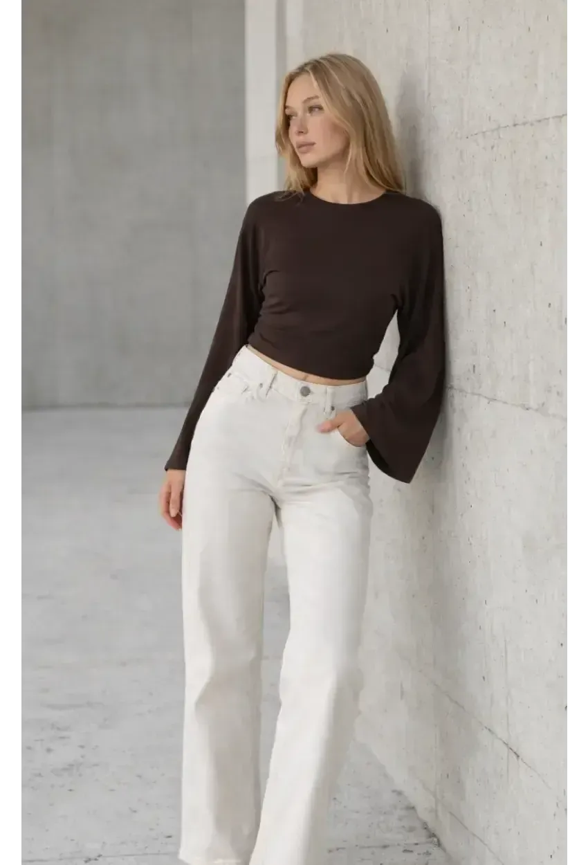 Geniş Kol Crop Bluz Kahve