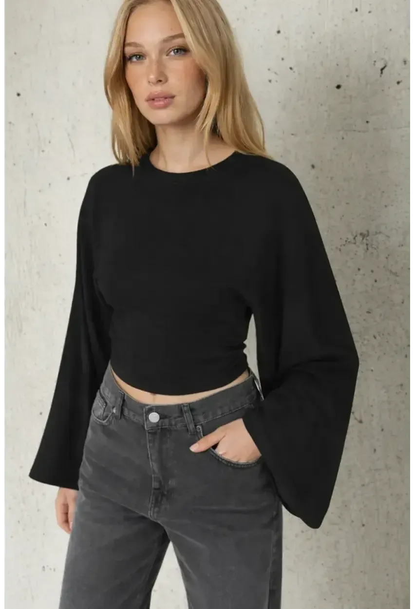 Geniş Kol Crop Bluz Siyah