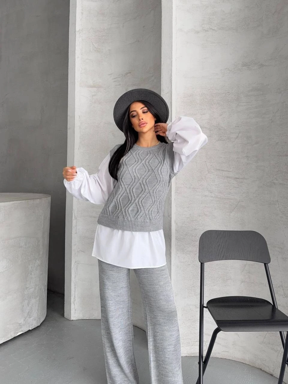 Gömlek Detay Baklava Desen Triko Takım Gri