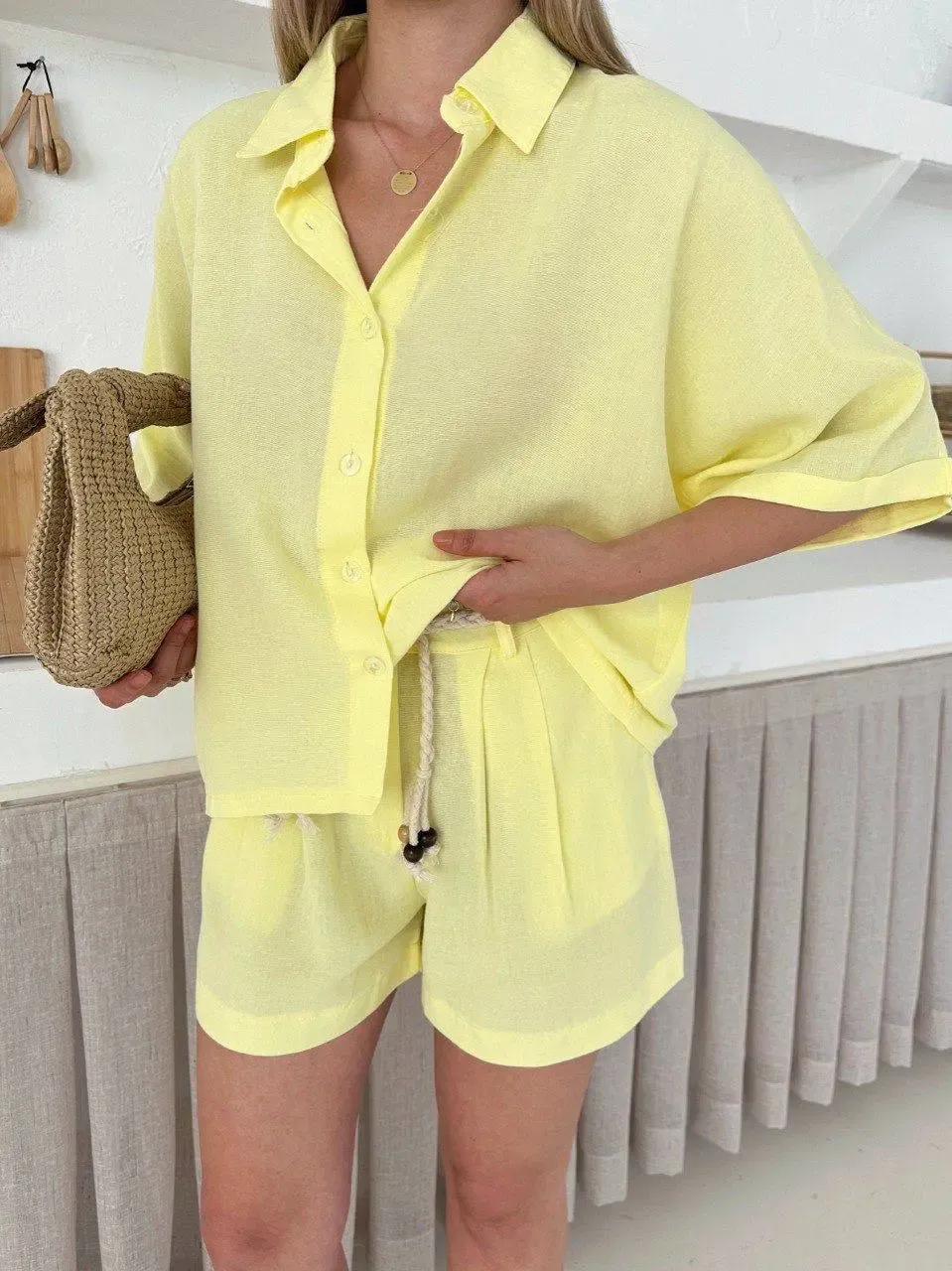 Hasır Kemer Detaylı Gömlek Şort Alt Üst Takım Sarı