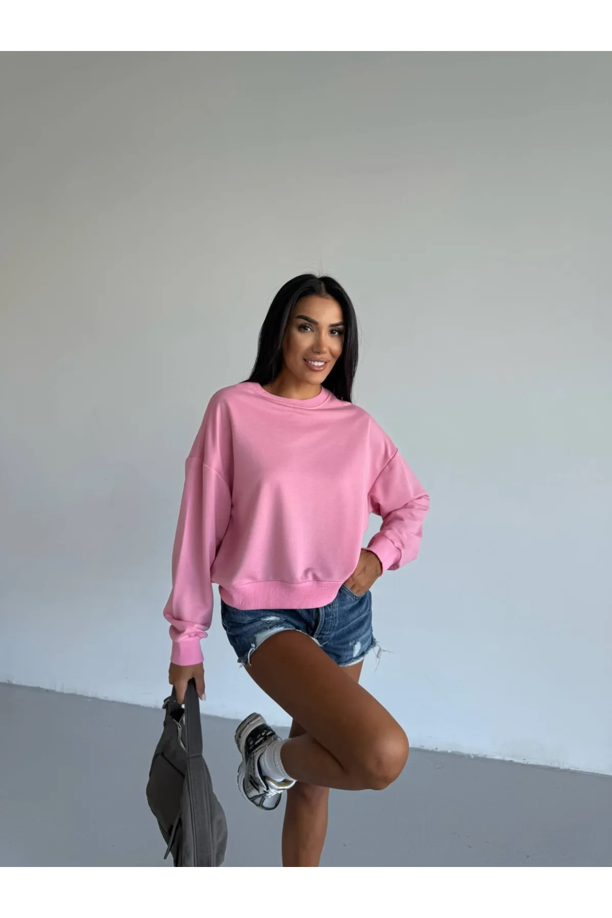 İki İplik Bisiklet Yaka Pudra Sweatshirt