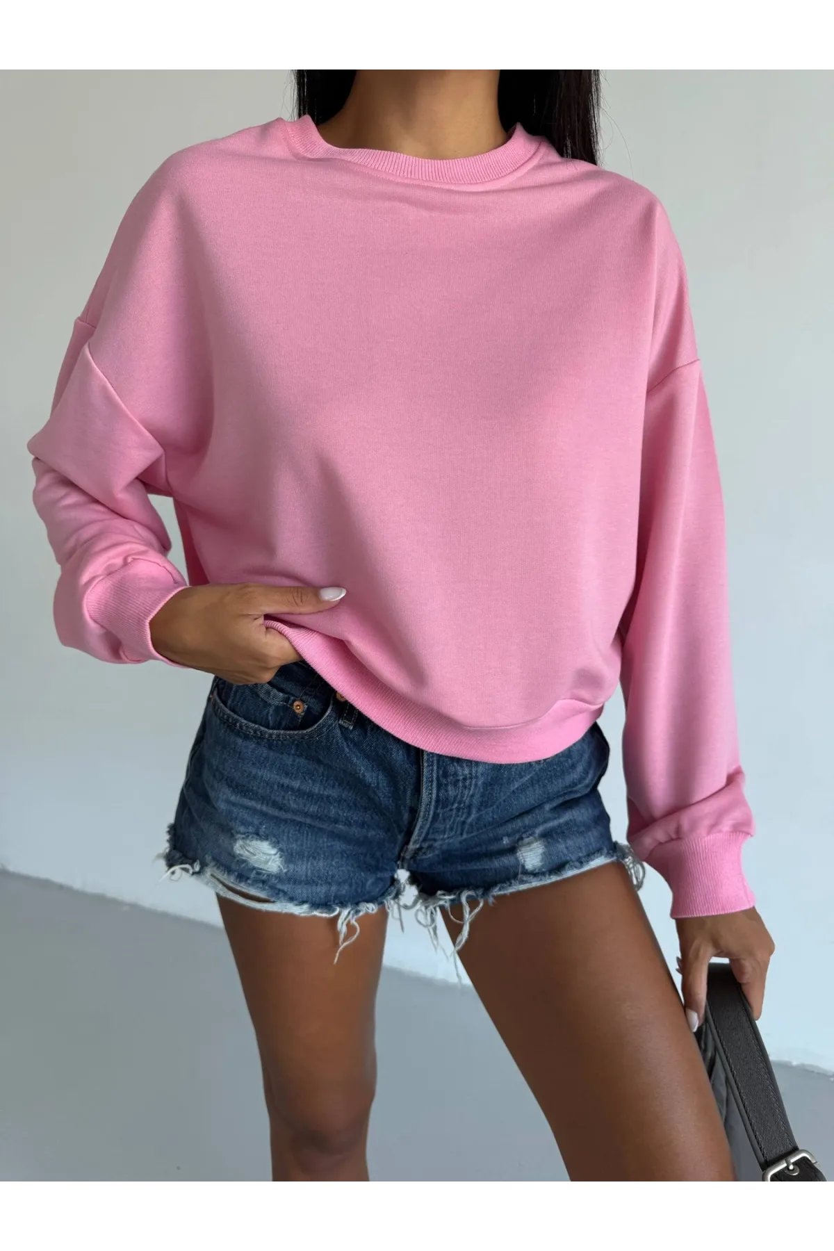 İki İplik Bisiklet Yaka Pudra Sweatshirt