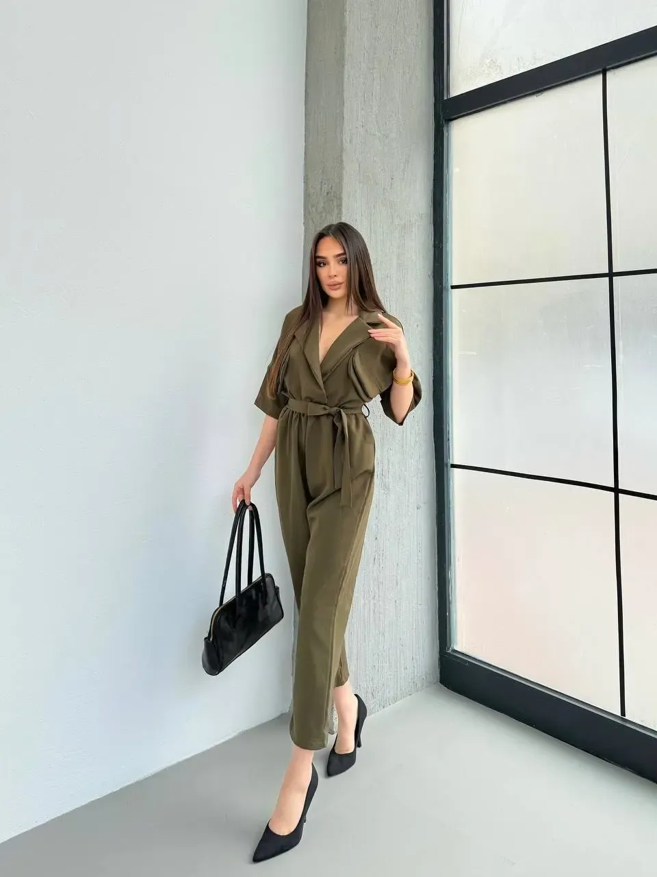 İthal Atlas Kumaş Kruvaze Yaka Tulum Haki