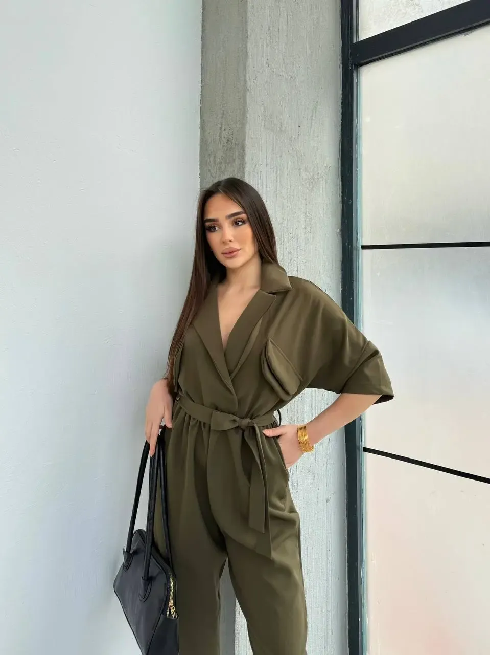 İthal Atlas Kumaş Kruvaze Yaka Tulum Haki