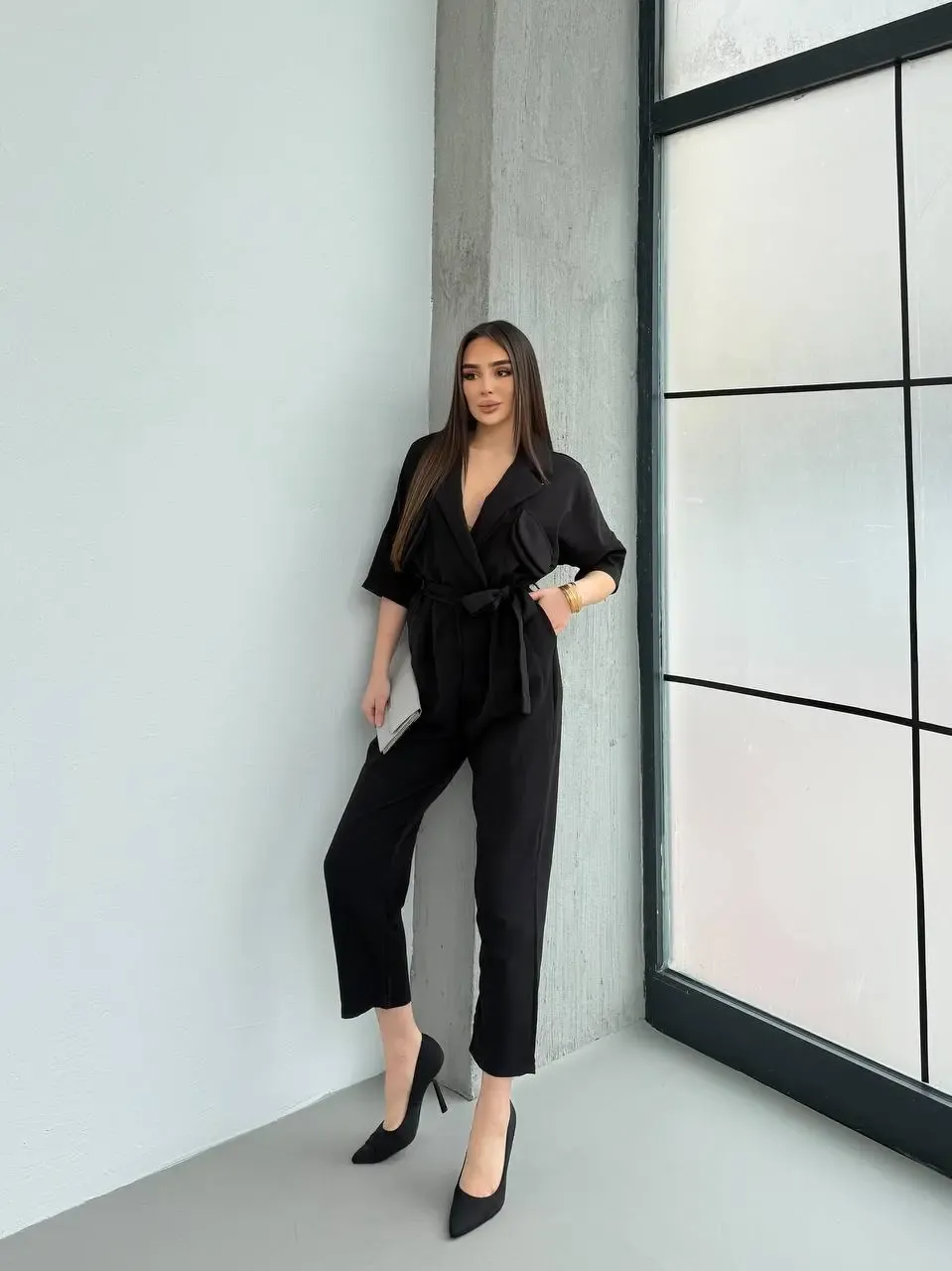 İthal Atlas Kumaş Kruvaze Yaka Tulum Siyah