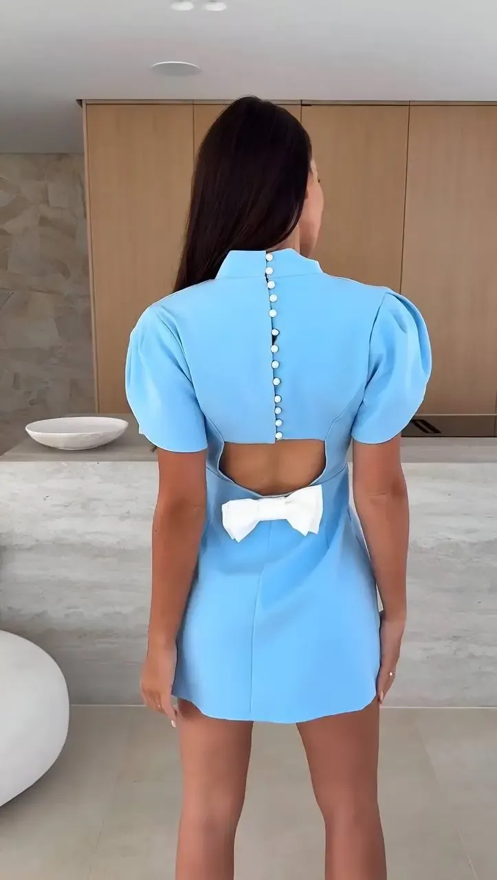 İthal Double Atlas Kumaş Fermuarlı Sırt Detay Mini Elbise Mavi