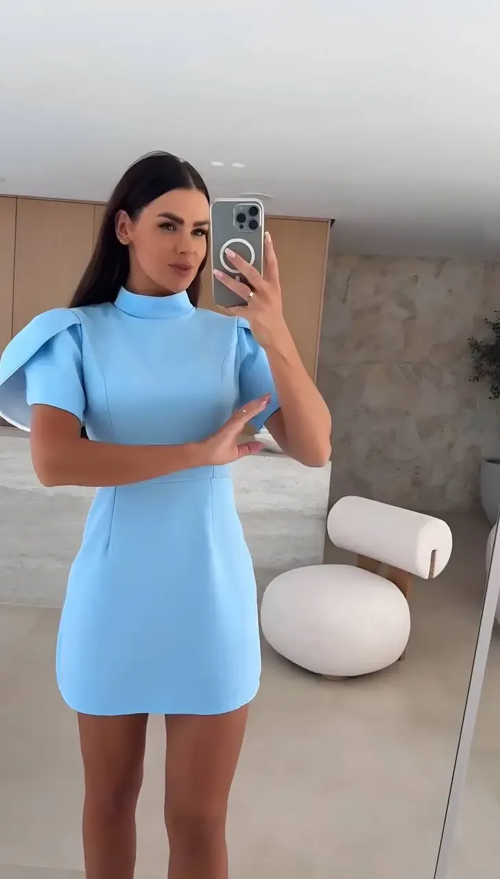 İthal Double Atlas Kumaş Fermuarlı Sırt Detay Mini Elbise Mavi