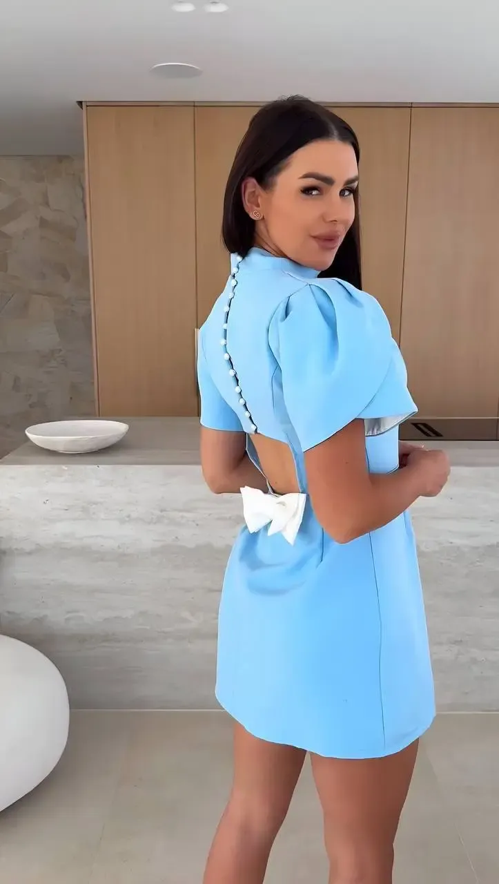 İthal Double Atlas Kumaş Fermuarlı Sırt Detay Mini Elbise Mavi